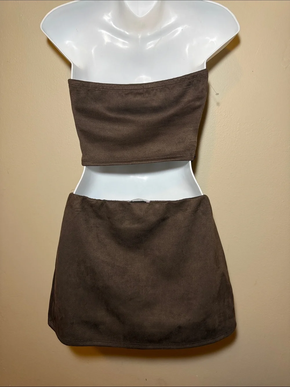 Brown Suede-Look Mini Skirt with Gold Stud Detail